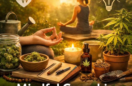 Mindful cannabis for wellness with meditation, cannabis plants, and self-care ritual