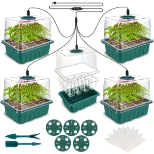 5-Pack Seed Starter Kit with LED Grow Lights – Indoor Propagation Trays with Adjustable Humidity Dome & Clear Cell Seedling Trays, Mini Greenhouse Seed Starting Set