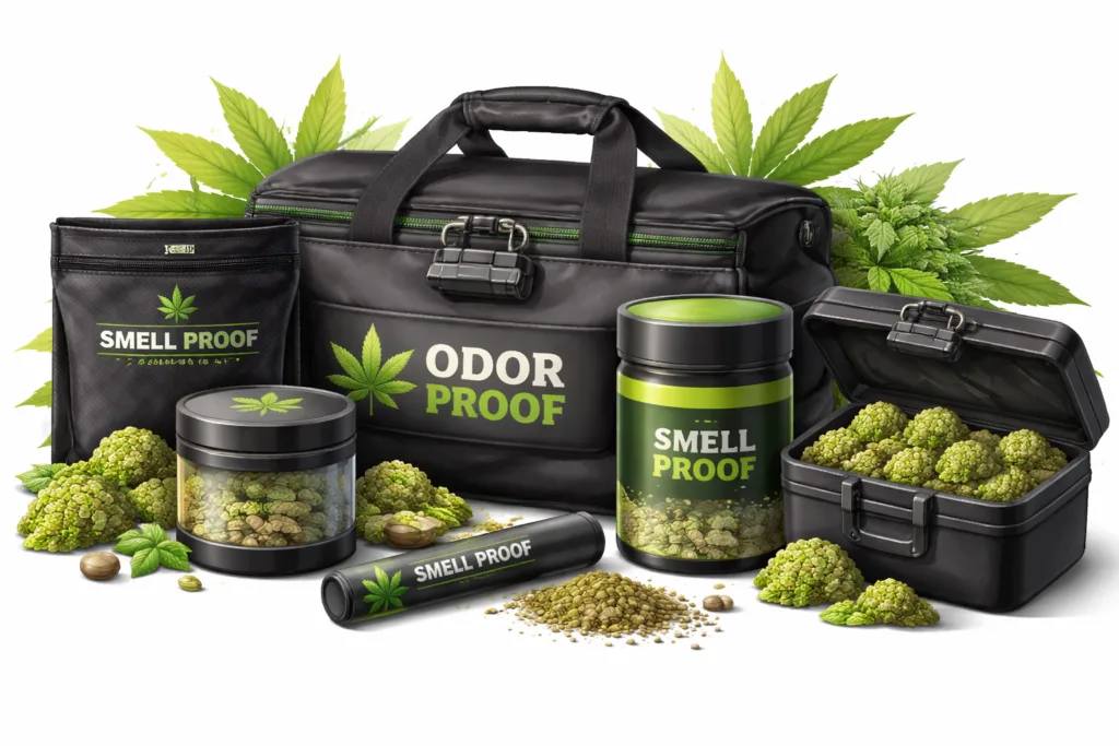 Odor-proof containers and smell-proof bags for cannabis storage
