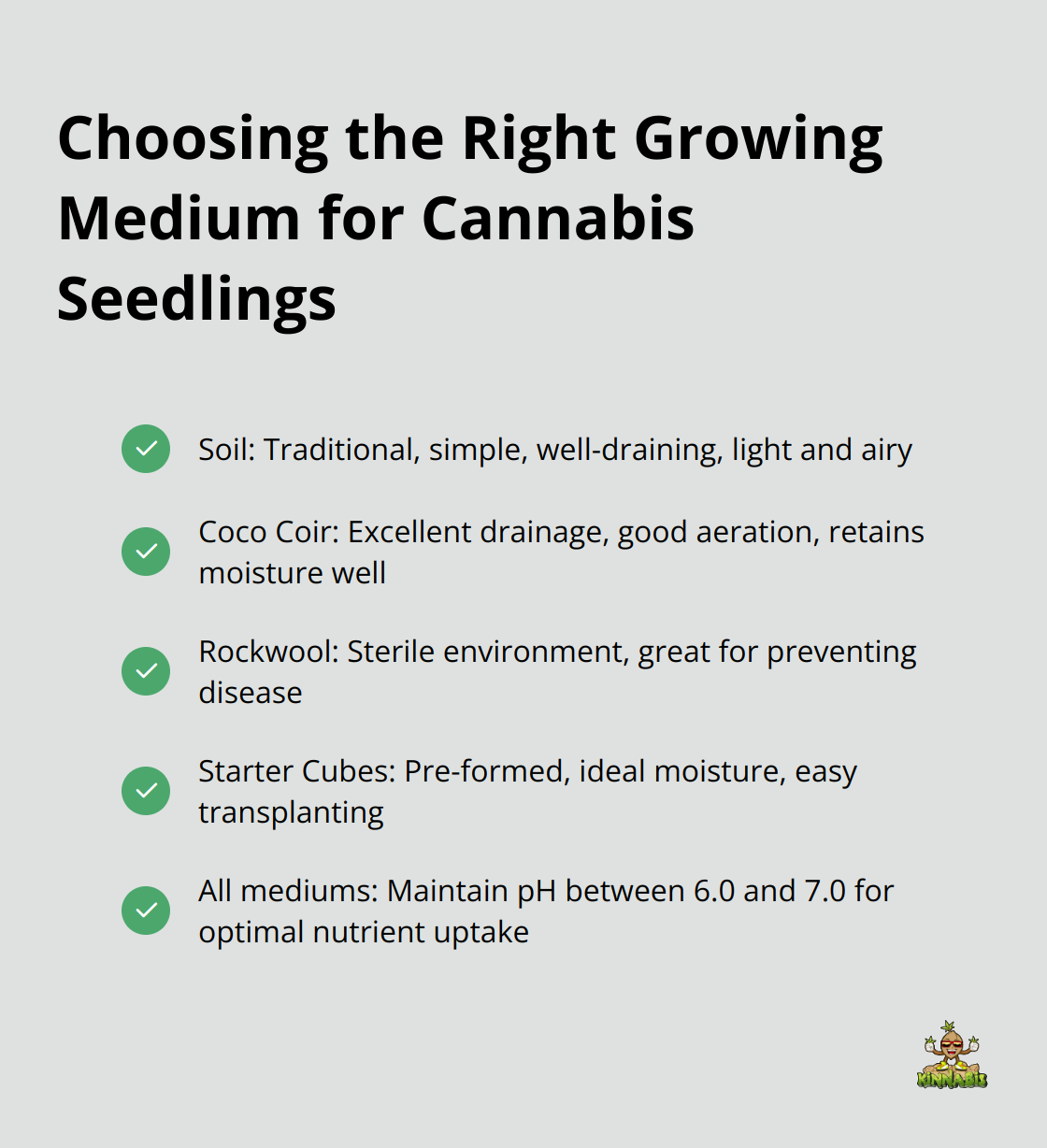 Checklist of characteristics for different cannabis seedling growing mediums: soil, coco coir, rockwool, and starter cubes - growing cannabis seedlings