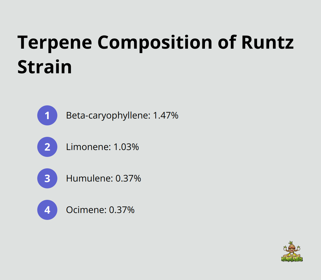 Chart displaying terpene percentages in Runtz: beta-caryophyllene, limonene, humulene, and ocimene - runtz strain info
